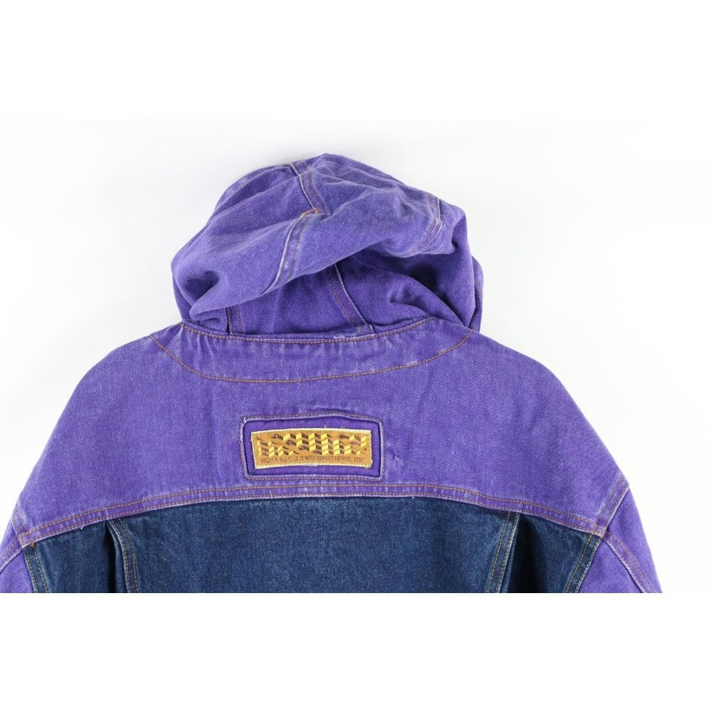 NOS Vintage 90s Streetwear Mens Large Color Block Hooded Denim Trucker Jacket - Picture 8 of 10